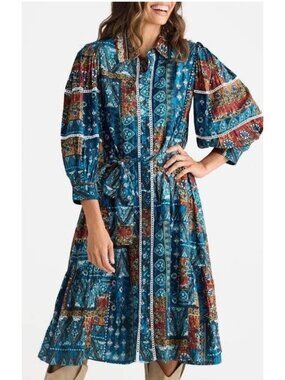 Talisman Women's Size Medium Sicilian Patchwork Castella Shirt Midi Dress New